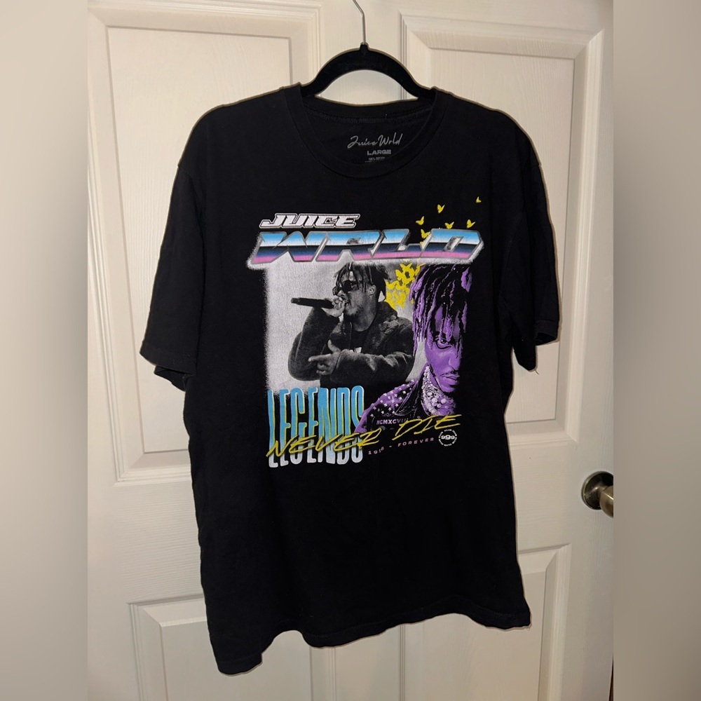 Juice Wrld Black Graphic T-Shirt Purple and Yellow Accents L music streetwear